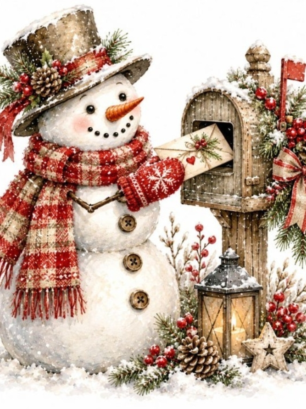 Festive Snowman Holiday Print - Red Plaid Snowman 8x10 Print